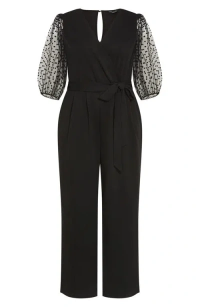 City Chic Asher Dotted Tulle Puff Sleeve Belted Jumpsuit In Black