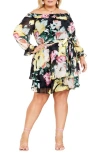 CITY CHIC ATHENA FLORAL OFF THE SHOULDER LONG SLEEVE BELTED MINIDRESS