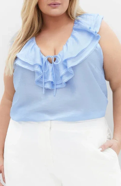 City Chic Athena Ruffle Sleeveless Top In Blue