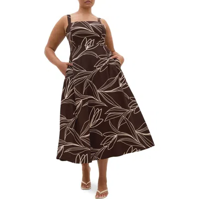 City Chic Athena Sketch Floral Print Dress In Brown