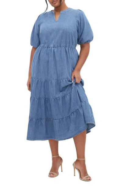 City Chic August Tiered Midi Dress In Blue