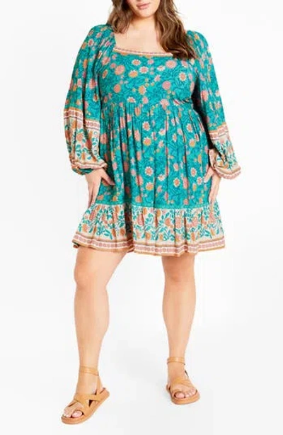 City Chic Aurora Long Sleeve Tiered Minidress In Blue