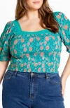 City Chic Aurora Puff Sleeve Top In Green
