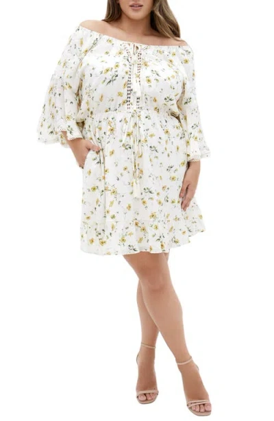 City Chic Ayanna Floral Short Sleeve Dress In Yellow