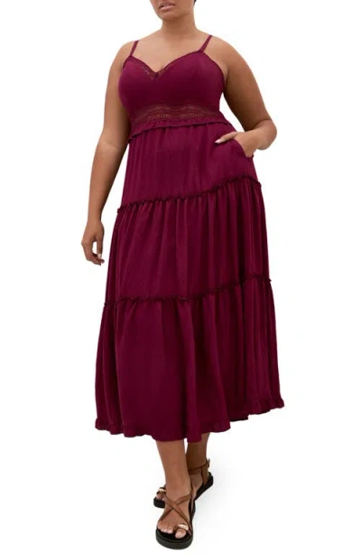 City Chic Ayla Crochet Trim Midi Dress In Burgundy