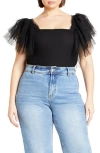 City Chic Azariah Shirred Tulle Sleeve Bodysuit In Black