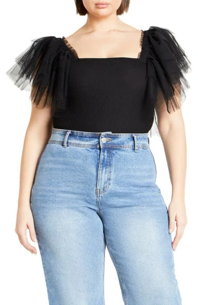 City Chic Azariah Shirred Tulle Sleeve Bodysuit In Black