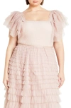 City Chic Azariah Shirred Tulle Sleeve Bodysuit In Dusty Pink