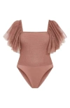 City Chic Azariah Shirred Tulle Sleeve Bodysuit In Purple