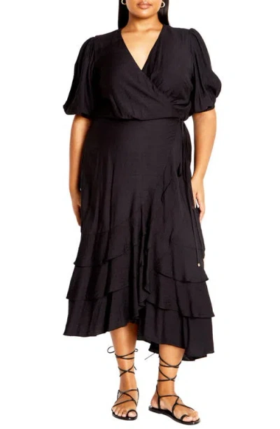 City Chic Bea Wrap Front Tiered Dress In Black