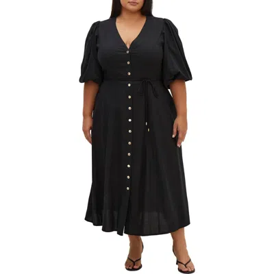 City Chic Bella Puff Sleeve Button-up Dress In Black