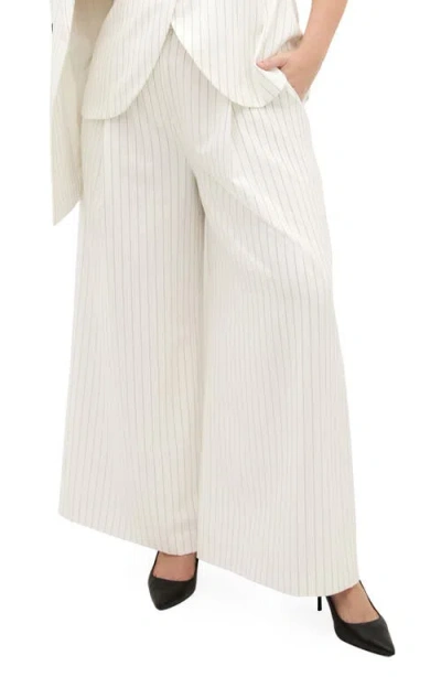 City Chic Belted Pinstripe Wide Leg Pants In White