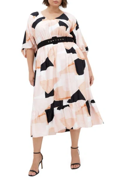 City Chic Betty Belted Midi Dress In Multi