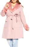 City Chic Blushing Belle Twill Coat With Faux Fur Collar In Pink