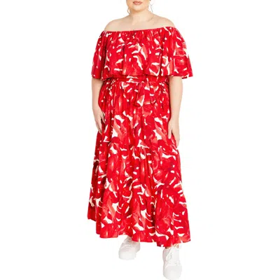 City Chic Boardwalk Off The Shoulder Midi Dress In Red