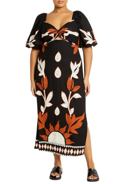 City Chic Botantical Print Twist Cutout Puff Sleeve Dress In Nala Placement