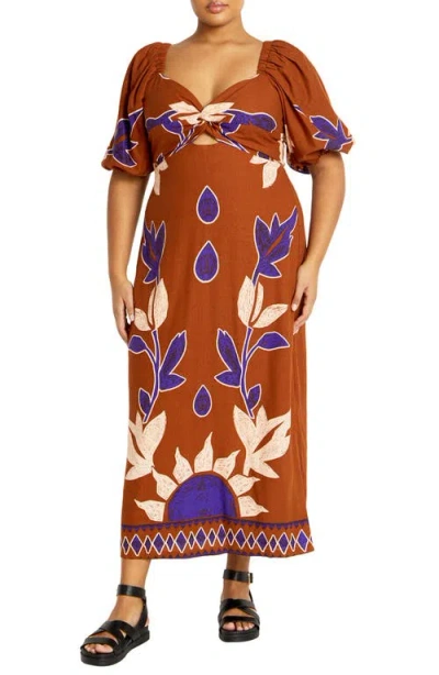 City Chic Botantical Print Twist Cutout Puff Sleeve Dress In Naxos Placement