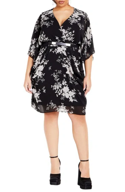City Chic Bouquet Flutter Sleeve Faux Wrap Dress In Mini Bouquet