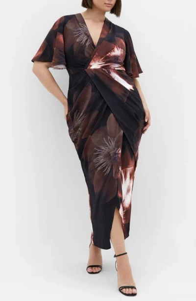 City Chic Braelynn Floral Flutter Sleeve Maxi Dress In Black/sueded Rose