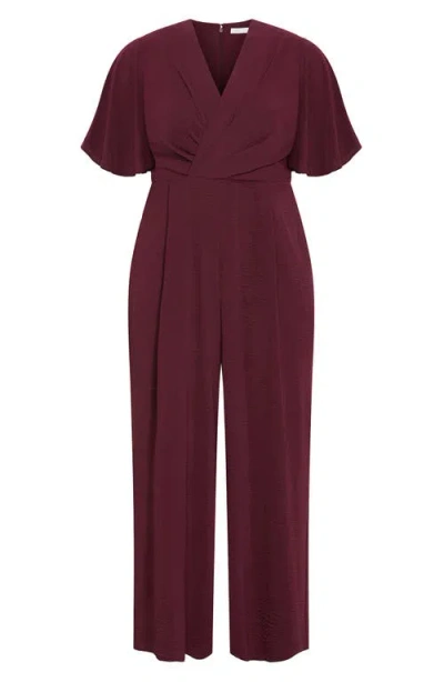City Chic Braelynn Short Sleeve Jumpsuit In Burgundy