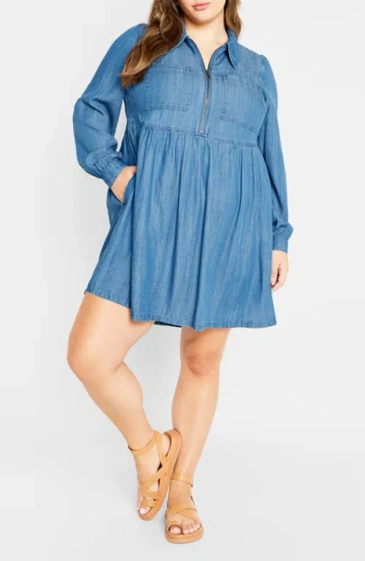 City Chic Brayden Long Sleeve Denim Minidress In Mid Wash