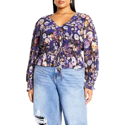 City Chic Bridgette Floral Tie Waist Top In Royal Rose