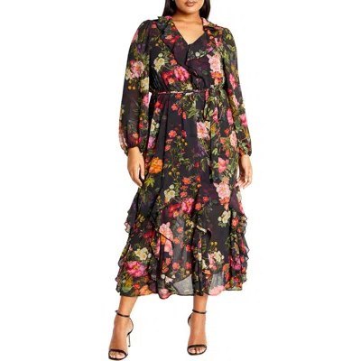 City Chic Bridgette Ruffle Long Sleeve Maxi Dress In Royal Garden Fl