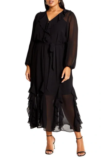 City Chic Bridgette Tie Belt Long Sleeve Button Front Maxi Dress In Black