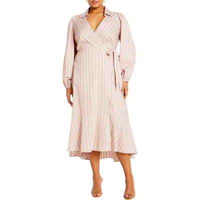 City Chic Brynn Stripe Faux Wrap High Low Dress In Brown