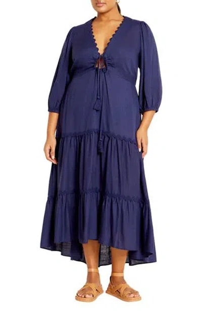 City Chic Cabana Tiered High-low Dress In Blue