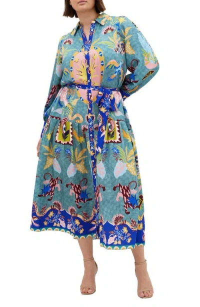 City Chic Calista Mixed Print Long Sleeve Maxi Shirtdress In Mystic Gaze