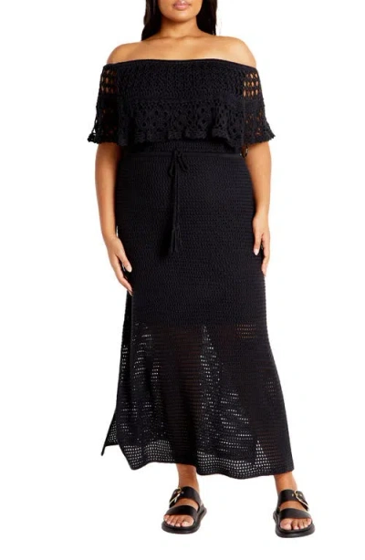 City Chic Callie Open Stitch Tie Waist Off The Shoulder Maxi Dress In Black