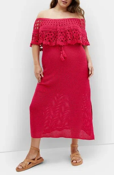 City Chic Callie Open Stitch Tie Waist Off The Shoulder Maxi Dress In Red