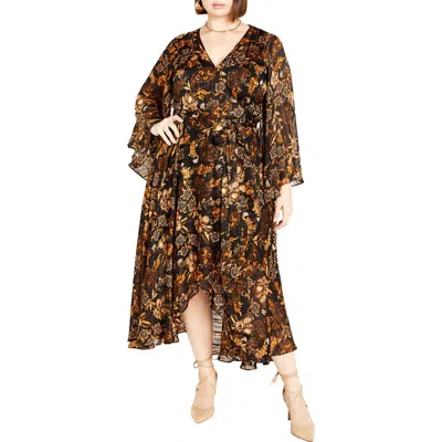 City Chic Cameron Paisley Faux Wrap Maxi Dress In Brown