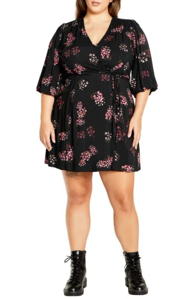 City Chic Camila Floral Faux Wrap Dress In Black