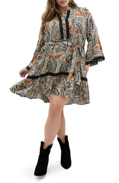 City Chic Camille Paisley Long Sleeve Dress In Multi
