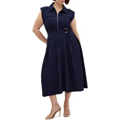 City Chic Cap Sleeve Utility Zip Midi Shirtdress In Navy