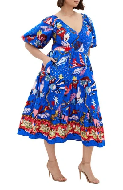 City Chic Capria Puff Sleeve Cotton Midi Dress In Calista