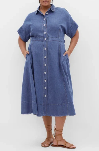 City Chic Cassidy Short Sleeve Denim Shirtdress In Mid Wash