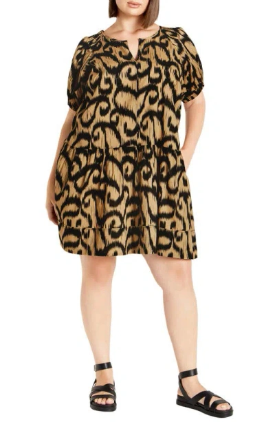 City Chic Cassie Ikat Print Tiered Cotton Dress In Kasbah