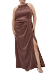 City Chic Celina Halter Neck Satin Maxi Dress In Brown