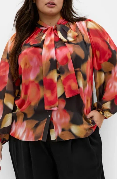 City Chic Celine Print Tie Neck Top In Multi