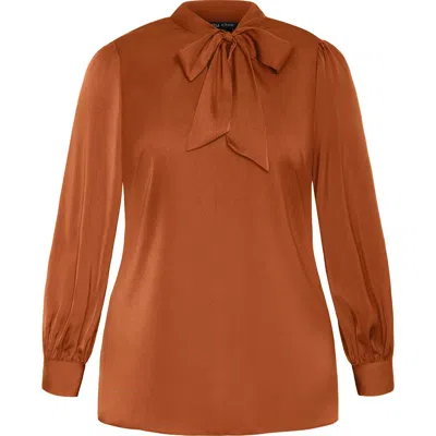 City Chic Chana Charmeuse Bow Blouse In Brown