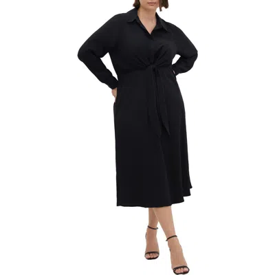 City Chic Chancery Lane Tie Waist Long Sleeve Midi Shirtdress In Black