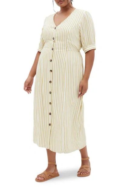 City Chic Charli Stripe Button-up Midi Dress In Ivory Stripe