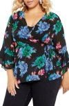 City Chic Charlie Floral Print Wrap Top In Blooming