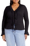 City Chic Charmaine Tie Front Long Sleeve Top In Black