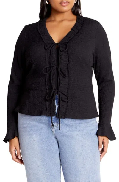 City Chic Charmaine Tie Front Long Sleeve Top In Black