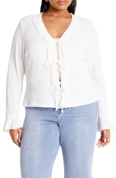 City Chic Charmaine Tie Front Long Sleeve Top In Ivory