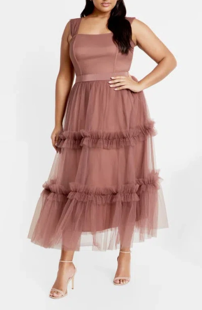 City Chic Charming Tulle Ruffle Dress In Brown